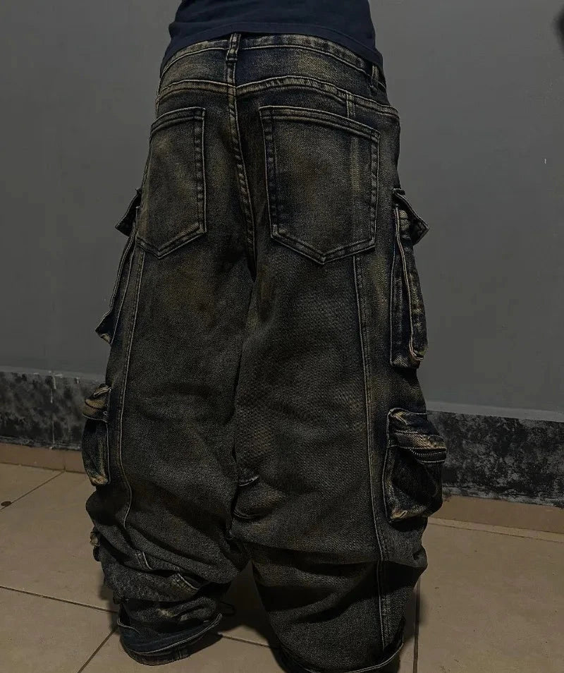 Y2K New Fashion Washed Multi-pocket Old Baggy Tooling Jeans Men Vintage Hip-hop Straight Casual Punk High Waist Wide Leg Pants voguable