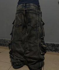 Y2K New Fashion Washed Multi-pocket Old Baggy Tooling Jeans Men Vintage Hip-hop Straight Casual Punk High Waist Wide Leg Pants voguable