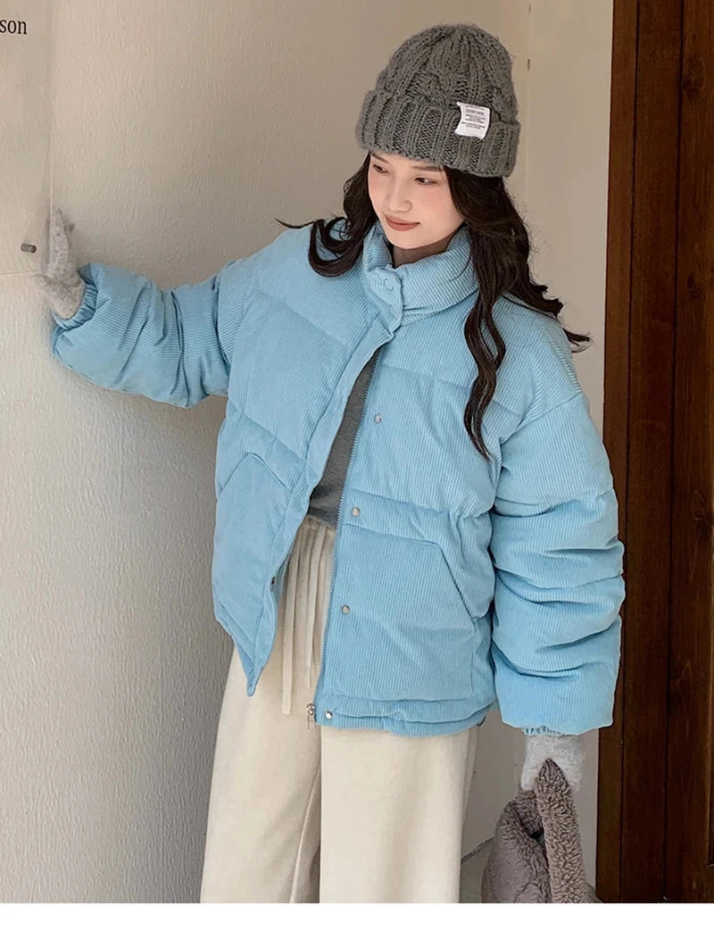 Women Sweet Corduroy Parkas Warm Long Sleeve Retro Stand Collar Cotton Coat Winter Thick Casual Preppy Style Korean Jacket voguable