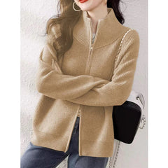 Women's Zip Up Sweater Cardigan Cozy Knit Stand Collar Zipper Front Plain Sweater Jacket Female Korean Chic Fall Winter Outfit voguable