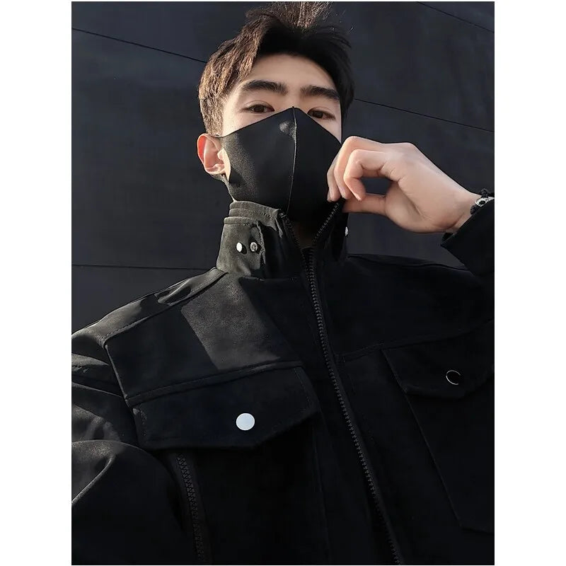 Mens Short Stand Collar Motorcycle Jacket Patchwork Cargo Biker Coat Spring Outdoor Riding Fashion Streetwear Urban Trendy voguable