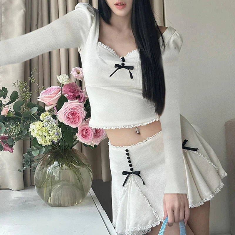 Voguable Cute Lace Bow Patchwork Mini Skirt White Japanese Style High-waisted A-line Skirts Coquette Y2K Bottoms Lolita Girls voguable