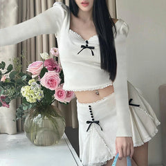 Voguable Cute Lace Bow Patchwork Mini Skirt White Japanese Style High-waisted A-line Skirts Coquette Y2K Bottoms Lolita Girls voguable