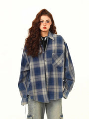 Streetwear American Plaid Shirt Women Oversize Loose Vintage Long Sleeve Blouse Hip Hop Casual Retro Harajuku Bf Pockets Tops voguable