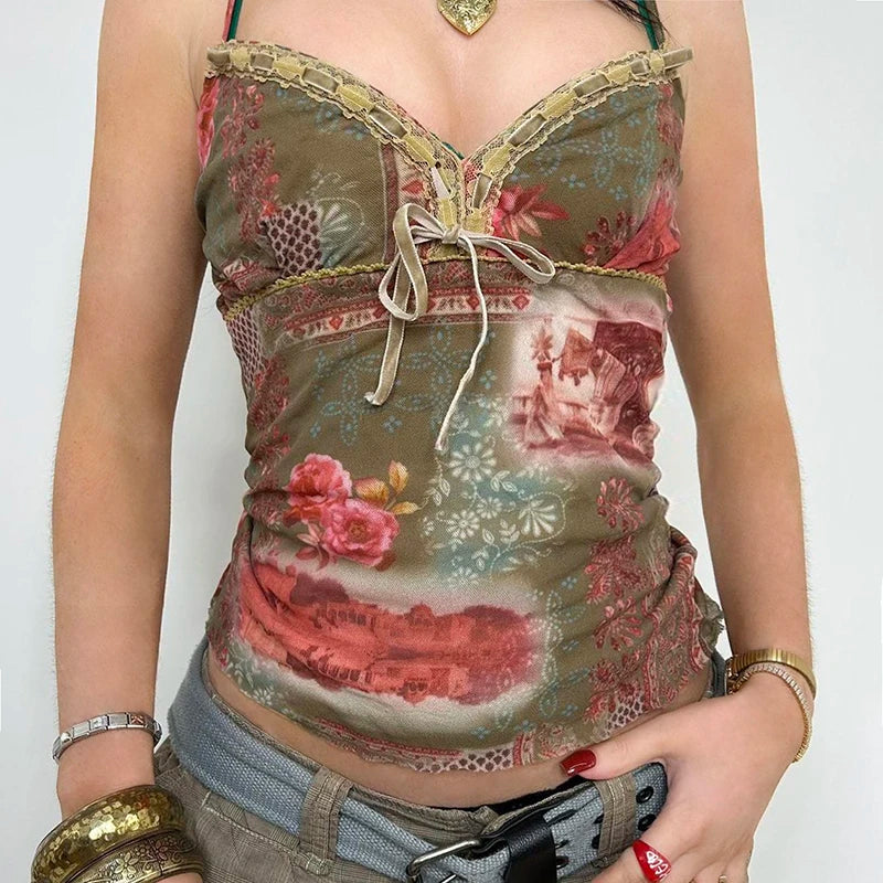 Voguable  Vintage Flower Print Cami Women Fairycore Grunge Lace Patchwork Tie-up Bow Spaghetti Straps Crop Tops Sexy Streetwear voguable