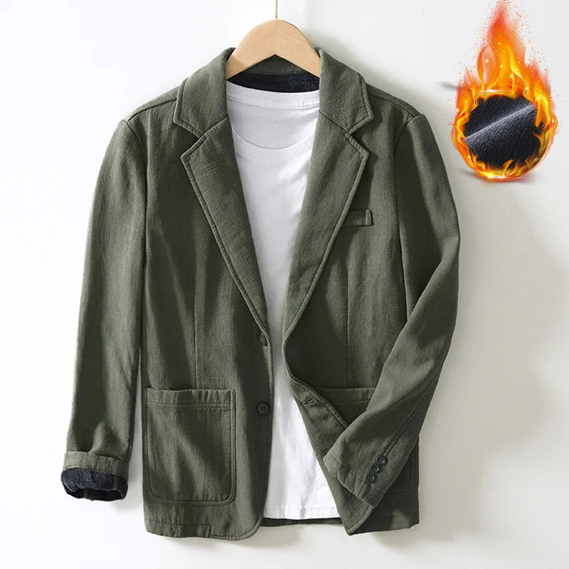 Voguable Autumn Winter New Casual Plush and Thickened Warm Suit Jacket for Men Ramie Loose Vintage Blazers for Men voguable