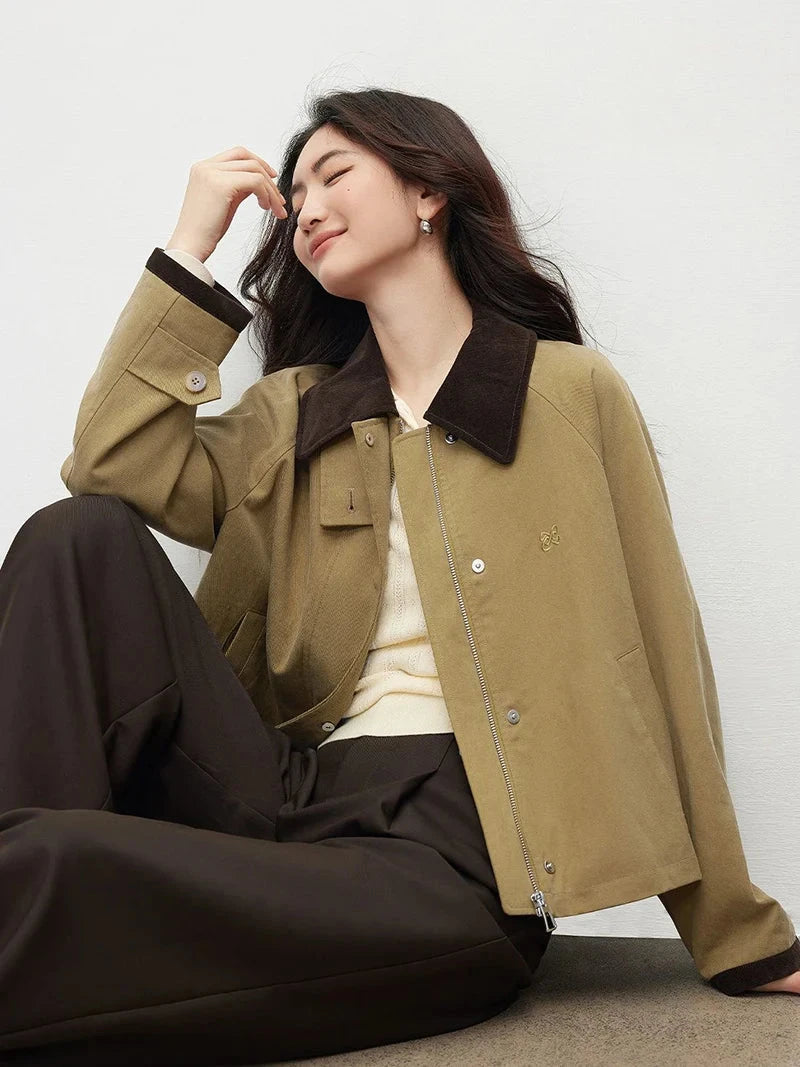 Vintage Casual Khaki Jacket Women Long Sleeve Patchwork High Quality Coat Korean All Match Women Fall Winter Embroidery Top voguable