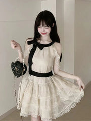Off Shoulder Bow Sweet Dress Women Vintage O Neck Casual Elegant Mini Dress Lace Patchwork Retro Slim Lady Summer Vestidos voguable