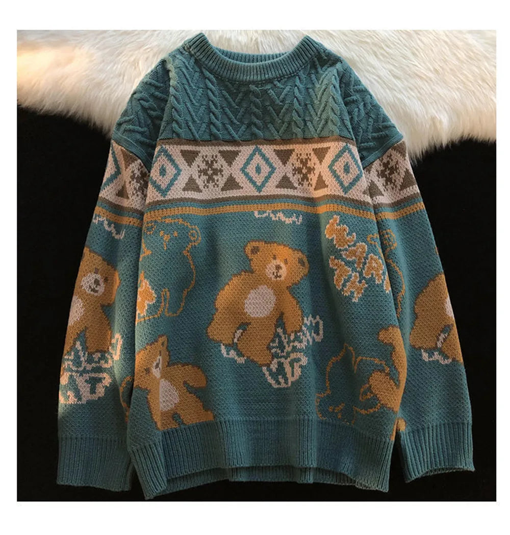New Year warm pullovers round neck sweater women street stitching Christmas tree jacquard sweater ins couple loose in winter voguable