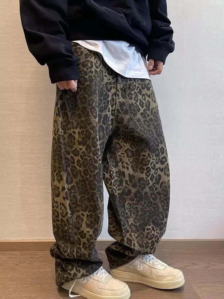 Autumn Tan Leopard Jeans Men Denim Pants Male Oversize Wide Leg Trousers Streetwear Hip Hop Vintage Loose Casual Animal Print voguable