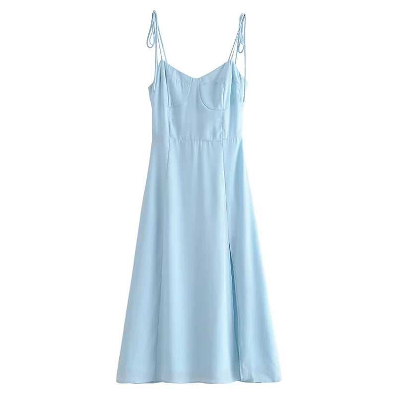 Voguable  Women French Style Light Blue Front Slit Sling Dresses Sexy Sleeveless High Waist Female Holiday Summer Chiffon Dress voguable