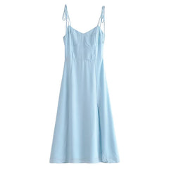 Voguable  Women French Style Light Blue Front Slit Sling Dresses Sexy Sleeveless High Waist Female Holiday Summer Chiffon Dress voguable