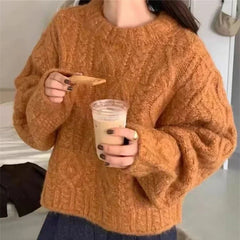 Voguable  Autumn and Winter O Neck Loose Retro Korean Women's Pullover Sweater Lazy Style Casual Versatile Thick Long Sleeve Knitted Tops voguable