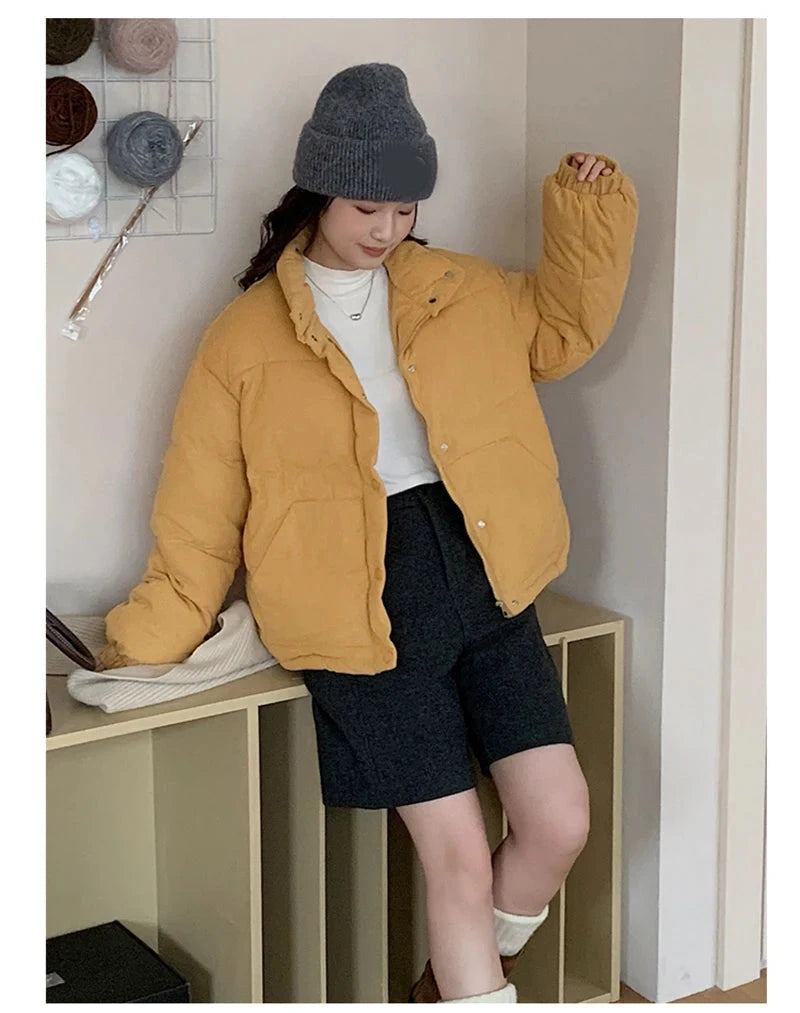 Women Sweet Corduroy Parkas Warm Long Sleeve Retro Stand Collar Cotton Coat Winter Thick Casual Preppy Style Korean Jacket voguable