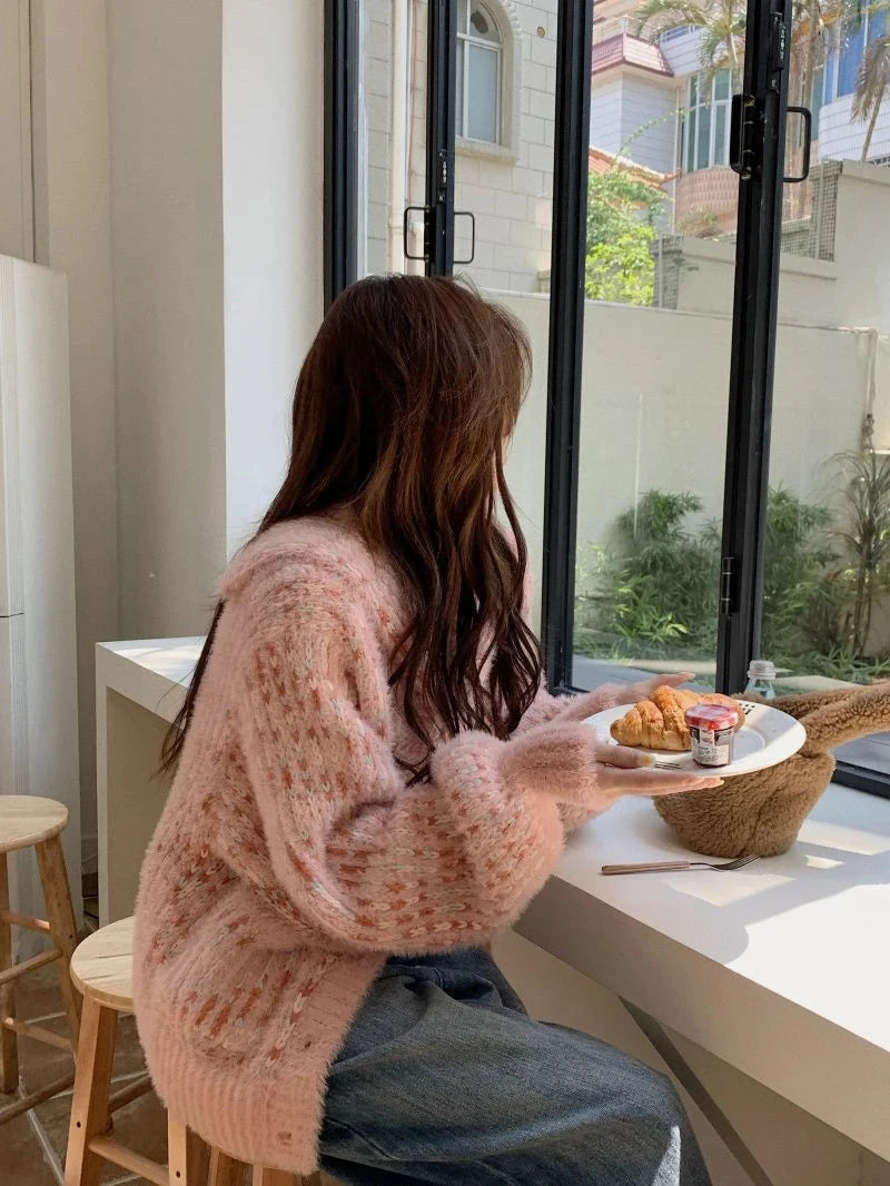 Mohair Sweet Pink Cardigan Sweater Women Elegant Lazy Wind Chic Knitted Coat Loose Long Sleeve Fashion High Quality Tops voguable