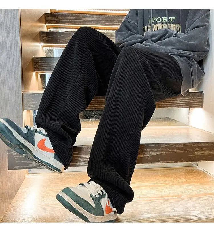 Autumn Corduroy Straight Trousers Men Loose Solid Casual Drape Trousers Harajuku Fashion Drawstring Street Wide Leg Sweatpant voguable