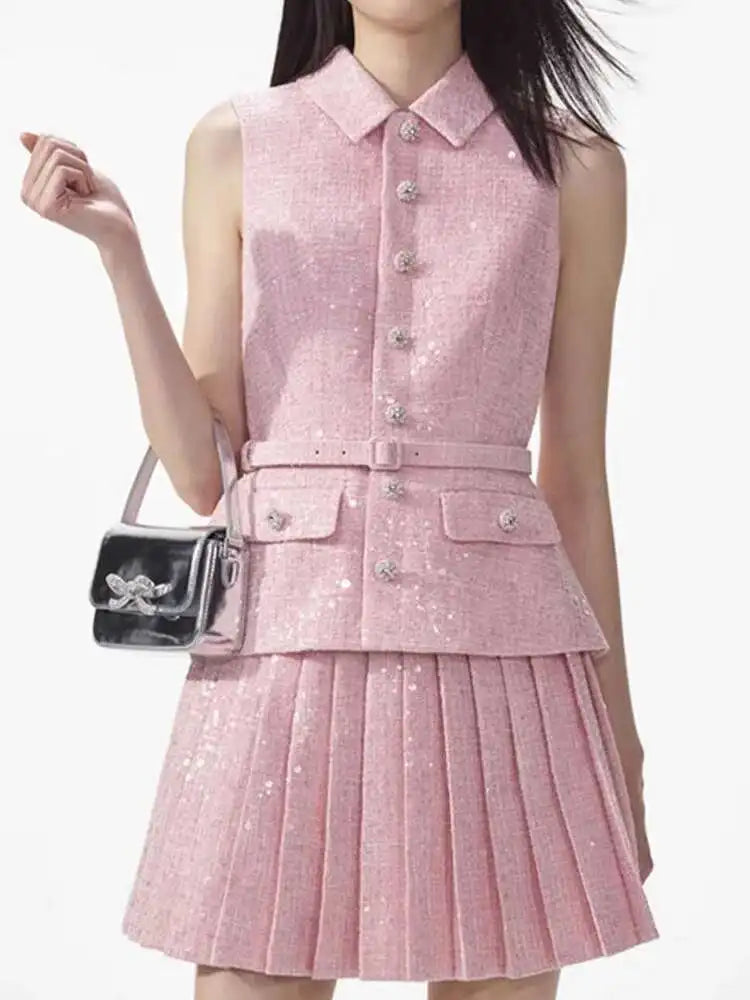 Women's Tweed Sequins Spliced 2 Pcs Set  Lapel Lace-up Sleeveless Belt Coat Pleated Mini Skirts Set 2025 New Tide voguable