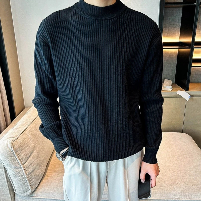 New Korean Retro Men Basic Sweaters Luxury Knit Solid Color Mock Neck Long Sleeve Pullover Casual Textured High Quality Knitwear voguable