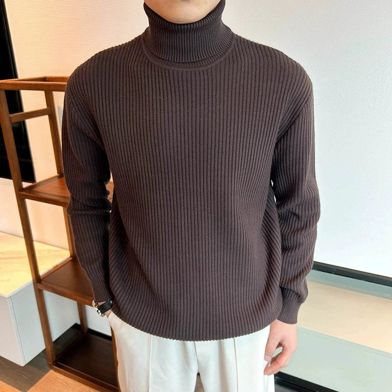 New Korean Retro Men Basic Sweater Luxury Knit Solid Color Turtleneck Long Sleeve Pullover Casual Textured High Quality Knitwear voguable