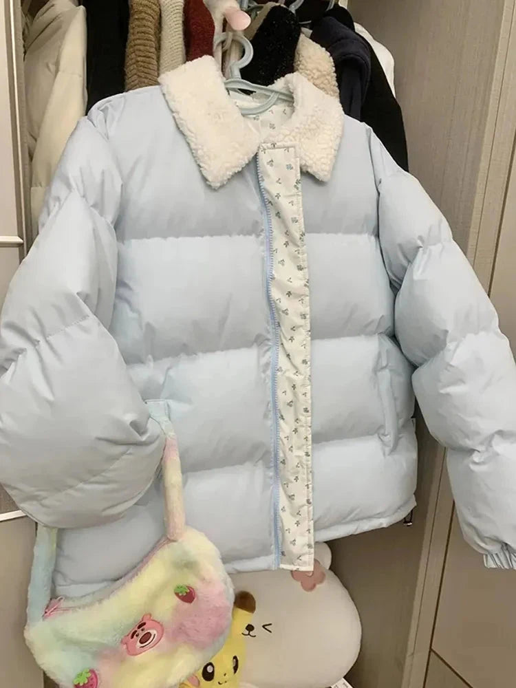 Blue Floral Patchwork Parkas Women Korean Sweet Winter Warm Puffy Coat Casual Long Sleeve Loose Preppy Style Cotton Jacket voguable