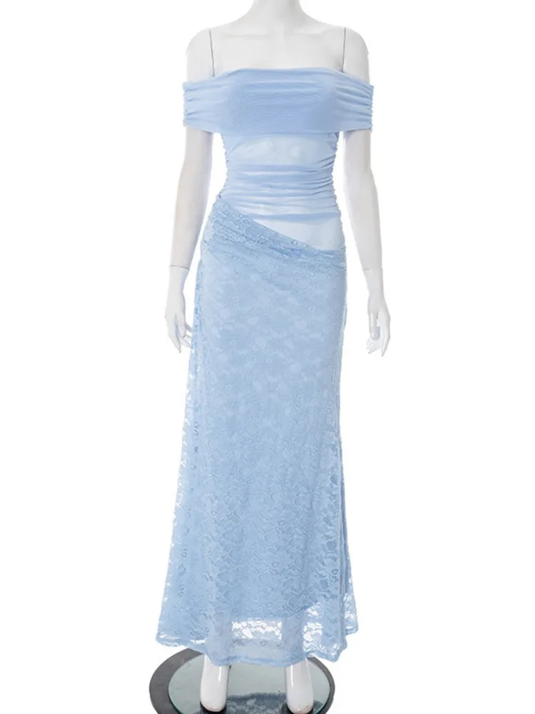 Off-shoulder Strapless Sexy Maxi Dress Women Summer Fashion Sleeveless Backless Lace See Through Club Party Long Dress voguable