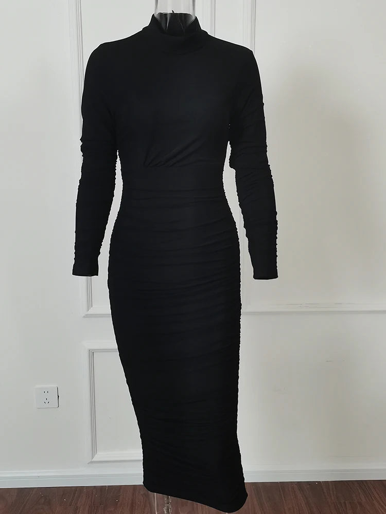 Voguable  Y2k Solid Color Bodycon Party Long Dress Elegant Long Sleeve Slim Fit Party Dress Skinny O-neck Women's Floor-length Dress voguable