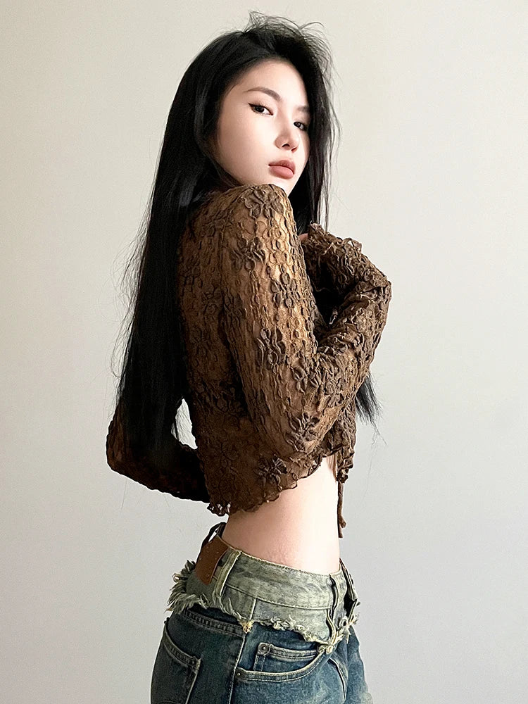 Voguable Brown Vintage Lace V-neck Tie-up Shirts for Women y2k Aesthetic Sweet Long Sleeve Crop Top Casual T Shirt Korean Style voguable