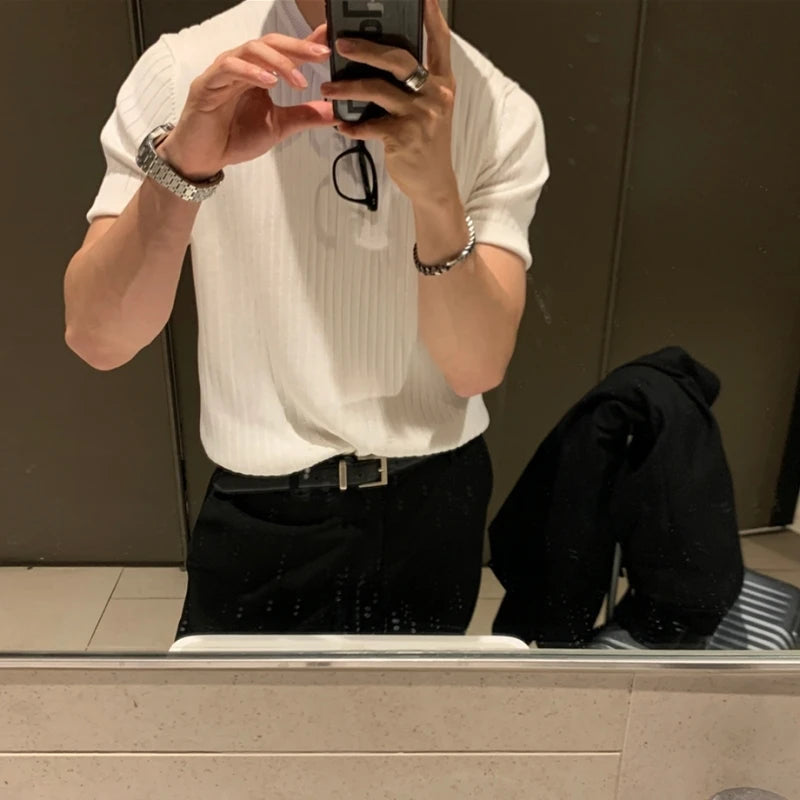 Summer Knitted T-shirt Men Elastic Slim Fit Fashion Casual Short Sleeve T Shirt Men Korean Round Neck Knit Tshirt Mens Tops voguable