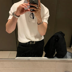 Summer Knitted T-shirt Men Elastic Slim Fit Fashion Casual Short Sleeve T Shirt Men Korean Round Neck Knit Tshirt Mens Tops voguable