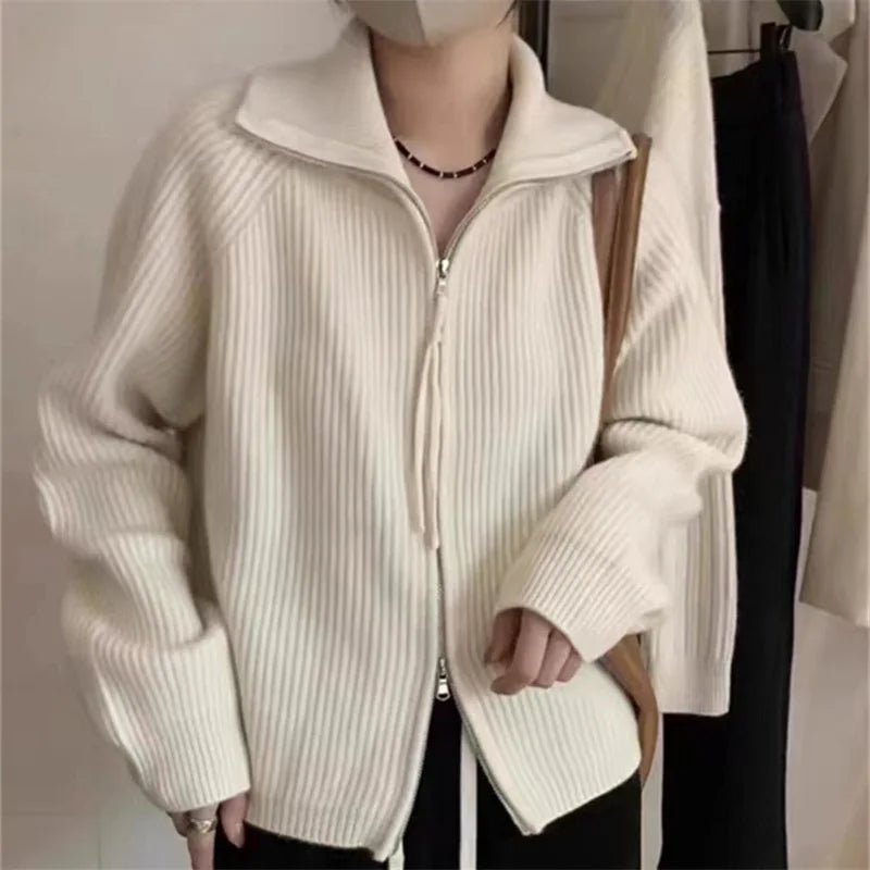 Alobee Super High Sense Nice Purple Knit Cardigan Outerwear Autumn and Winter 2024 New Thickened Lapel Zip-up Sweater Women voguable