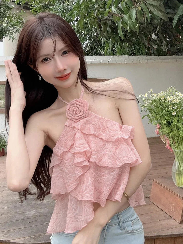 3D Floral Sweet Halter Tanks Women Elegant Fashion Sexy Cropped Camis Tanks Summer Chic Female Backless All Match Top Tanks voguable