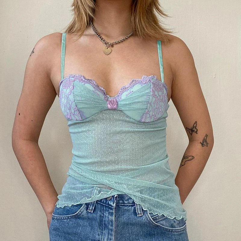 Voguable   Dot Print Lace Corset Women Flower Appliques Milkmaid Sexy See Through Crop Top Y2K Camis Transparent Aesthetic Tanks voguable