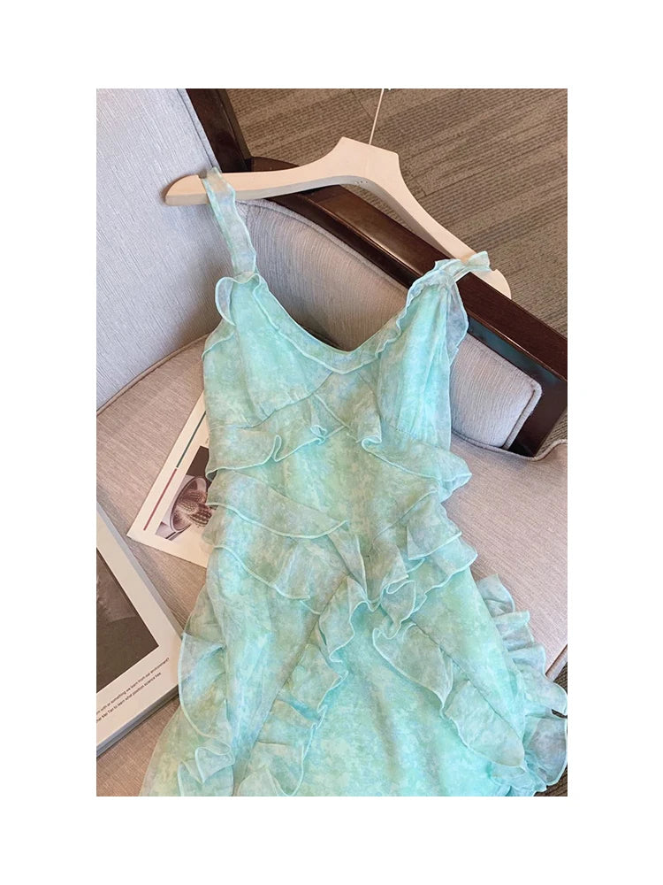 Voguable Summer Women's Vintage Elegant Light Green Dress Casual Spaghetti Strap Sleeveless Camisole Suspender Female Dresses voguable