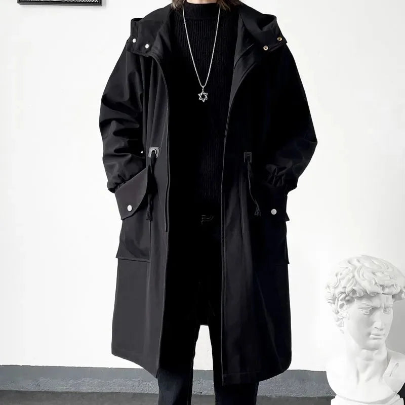 2023 Spring Autumn Army Green Windbreaker Fashion Men Mid-length Casual Hooded Coat Men Daily High Street Overcoat Male Clothes voguable