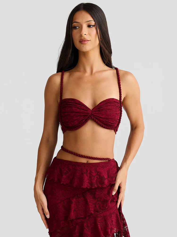 Summer Lace Sexy Two Piece Sets Women Fashion Strapless Crop Tops And Maxi Skirt Female Elegant Beach Party 2 Piece Set voguable