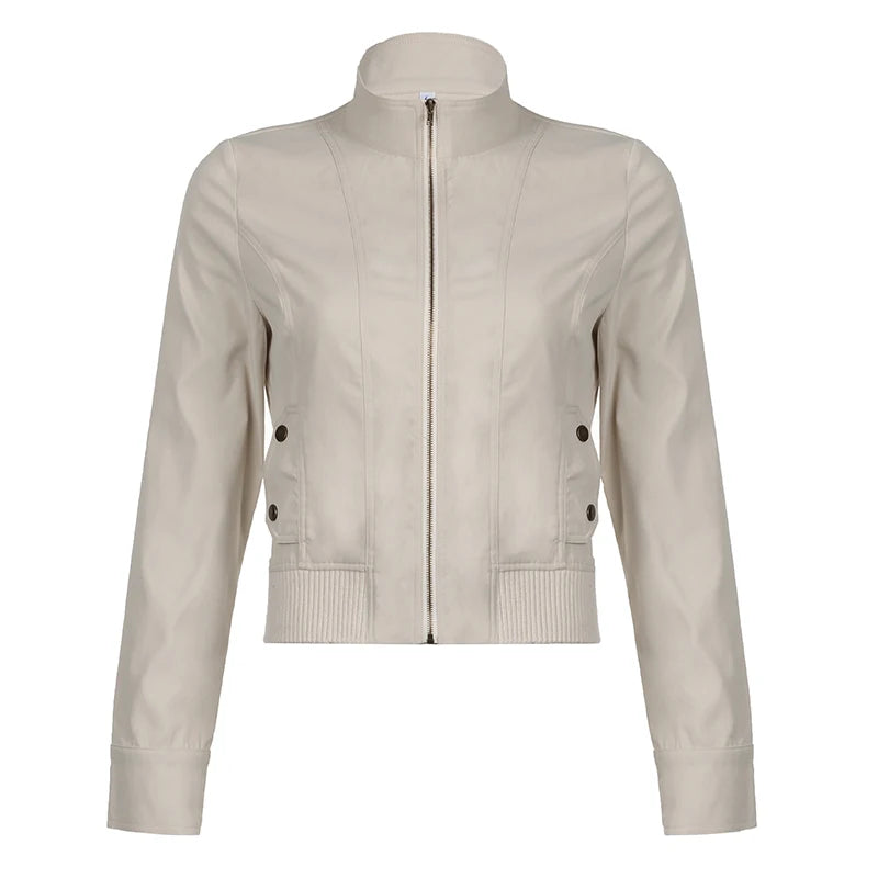 Patchwork Zip-up Cropped Jacket y2k Streetwear Full Sleeve Turtleneck Pockets Coat for Women Vintage 2000s Clothing Basic voguable