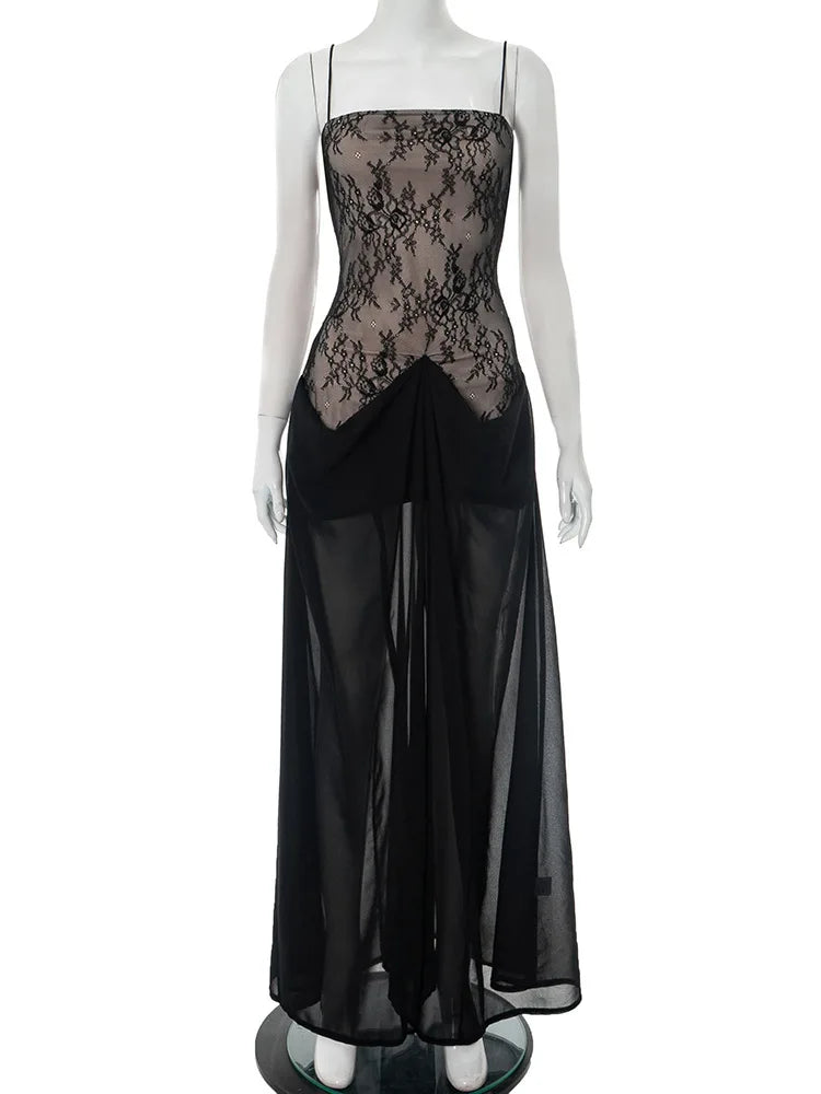 Lace Spaghetti Strap Sexy Maxi Dress Women Fashion Patchwork Sleeveless Backless See Through Club Party Long Dress voguable