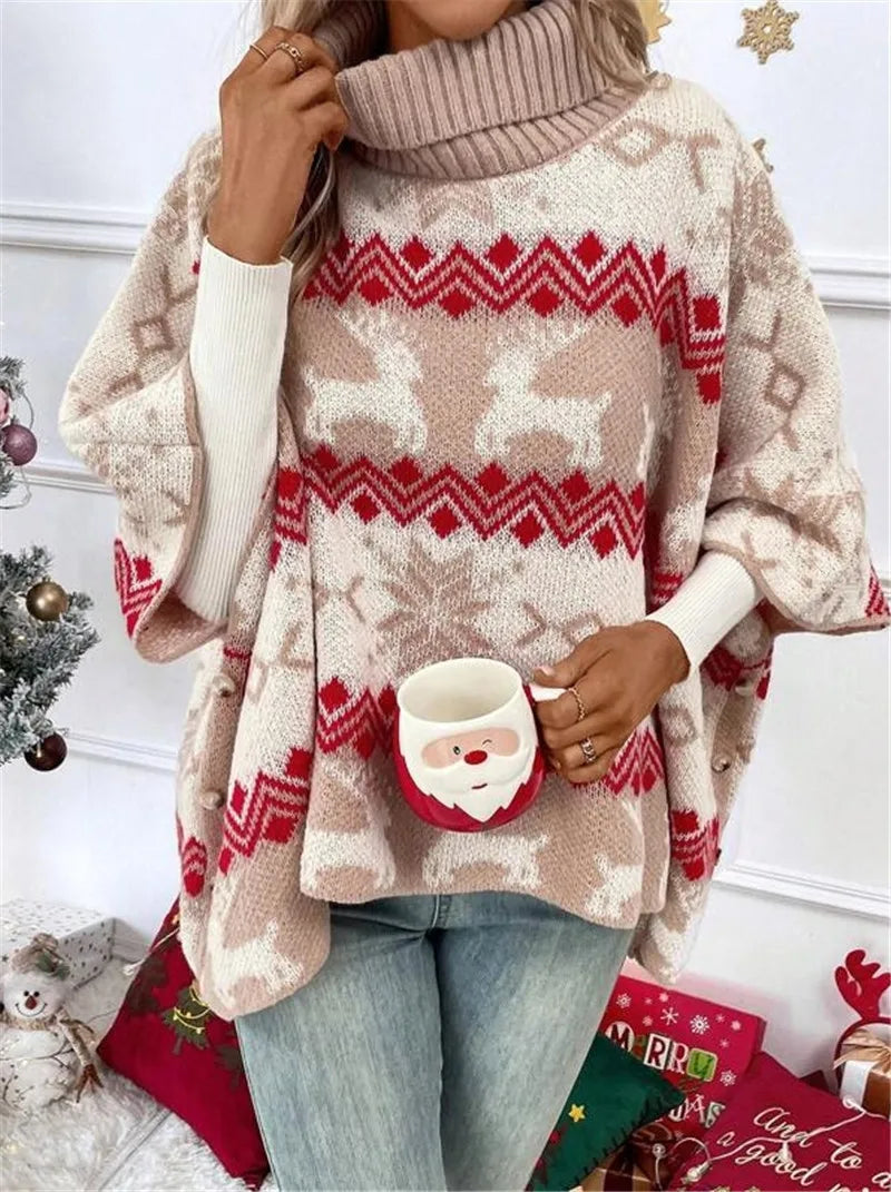 High Collar Christmas Elk Contrast Pattern Bat Sleeve Sweater New Year voguable