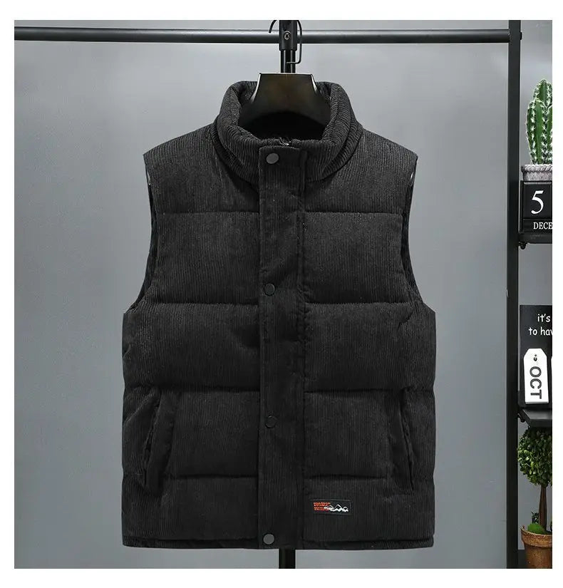 Vests Jacket Men Autumn Winter Stand Collar Warm Sleeveless Leisure Down Cotton-Padded Vest Coat Thickened Corduroy Warm Coat voguable