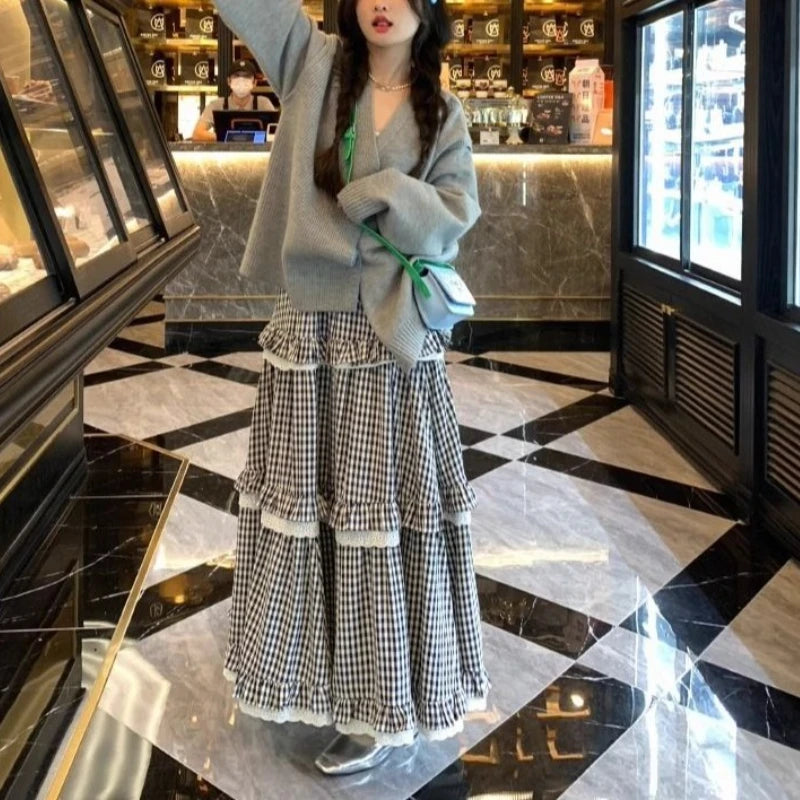 Kawaii Harajuku Plaid Skirt Women Preppy Style Sweet Long Skirts Retro Lace Patchwork A-line Ruffle Skirts Streetwear voguable
