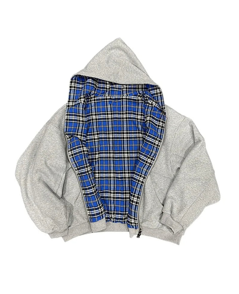 Voguable  Double-Sided Wear Plaid Patchwork Hoodie Men's Fashionable Zipper Splicing Autumn Winter Thickened Casual  Color Sweatshirt voguable