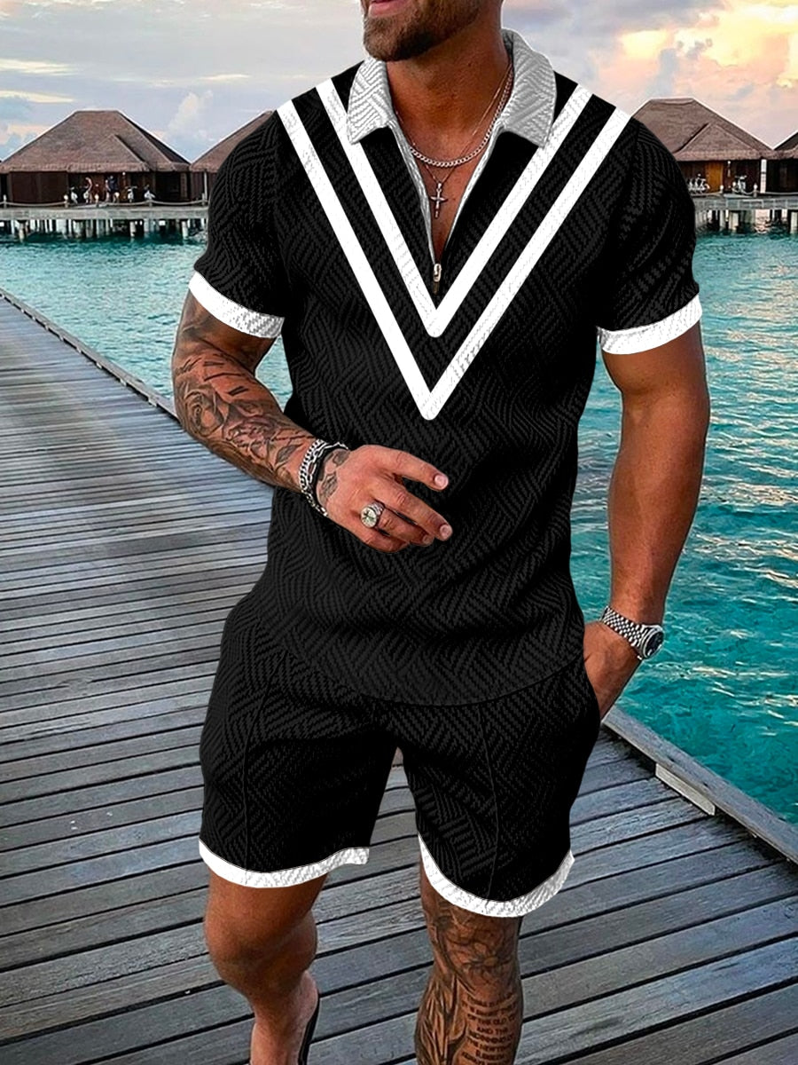 New summer men's fashion zipper polo shirt + shorts suits casual street outdoor seaside men's suits high quality plus size voguable