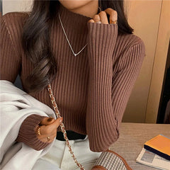 Elegant Solid Basic Knitted Tops Women Turtlneck Sweater Long Sleeve Casual Slim Pullover Korean Fashion Simple Chic Clothes voguable