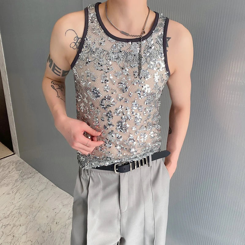 Voguable Sequin Splicing See-through Design Sexy Trendy Sleeveless Vest Original Personality Stylish Street Men's Tank Tops voguable