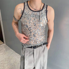 Voguable Sequin Splicing See-through Design Sexy Trendy Sleeveless Vest Original Personality Stylish Street Men's Tank Tops voguable