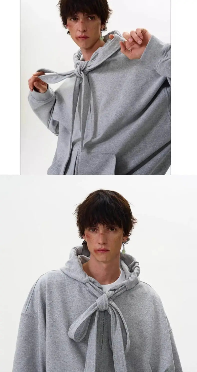American solid strap design hooded sweatshirt cardigan men's autumn winter new coat couple tops loose versatile jacket voguable