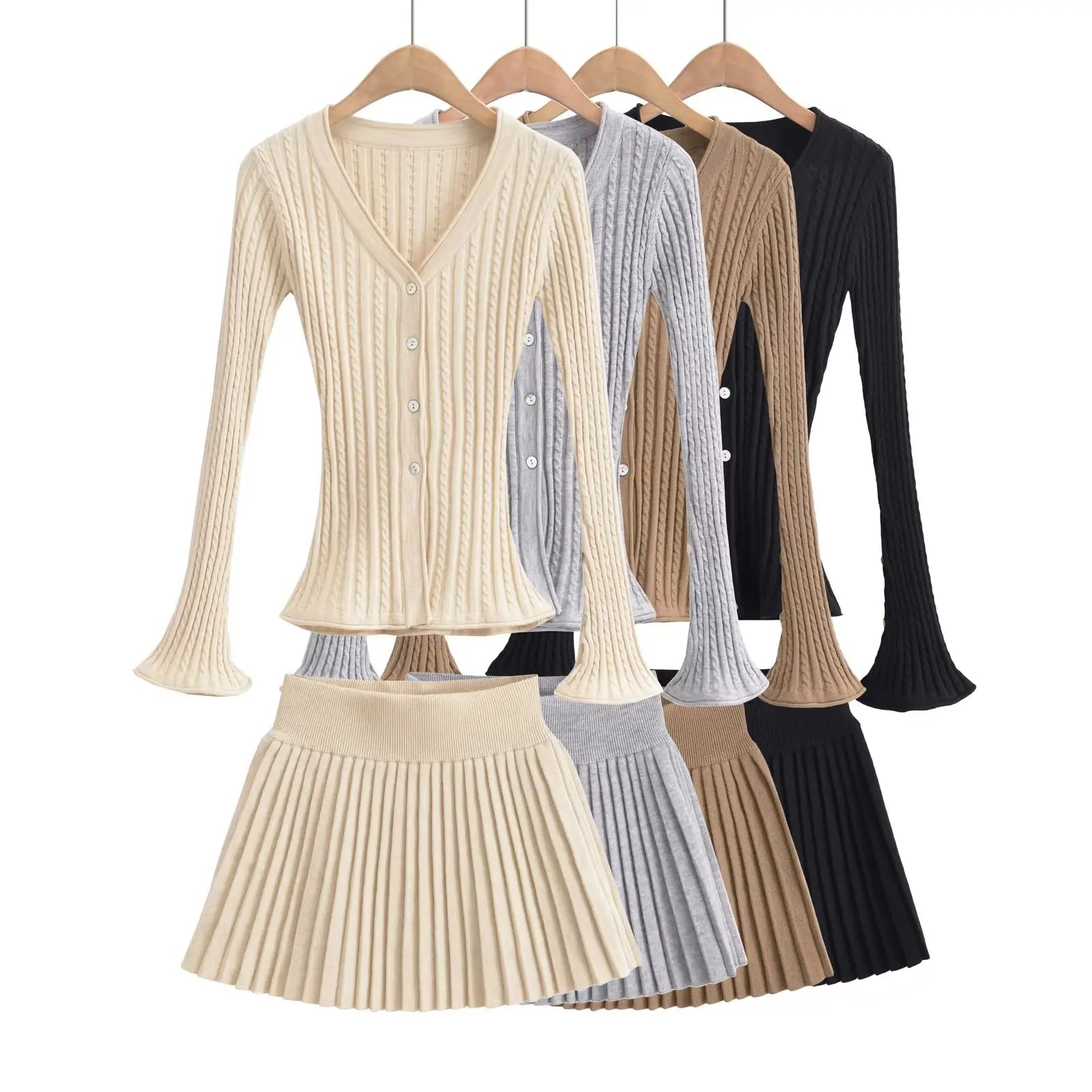 Voguable 4 colors Preppy Style 2 pieces 1 set V neck Twist Knit Cardigan Retro Women Elastic Waist Pleated Mini Skirt Matching Suits voguable