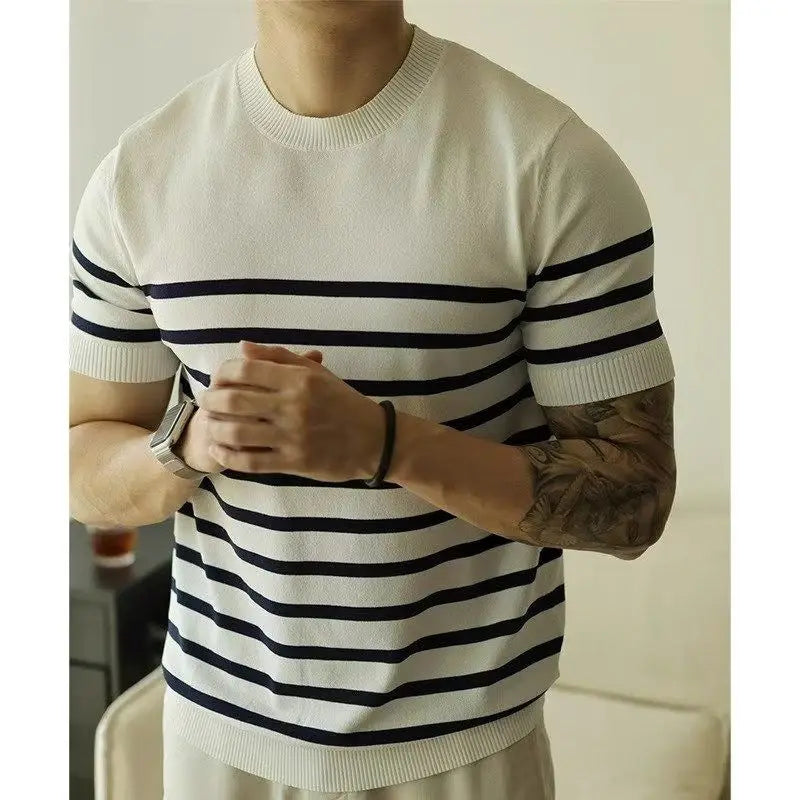 Summer Men's Clothing Light Luxury Knit O Neck Short-sleeved T Shirt Patchwork Korean Leisure Streetwear Retro Knitwear T-Shirt voguable