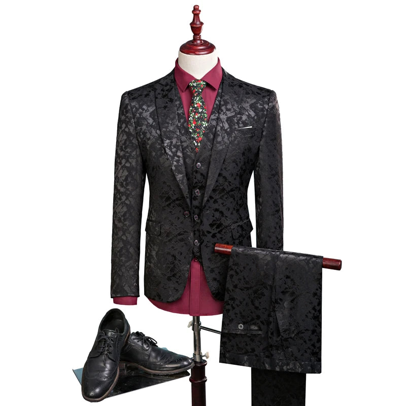 Men Suit  Business Leisure Single Breasted Suits 3 Pieces Sets Male Printing Groom Wedding Dress Jacket Blazers Coat Vest Pants voguable