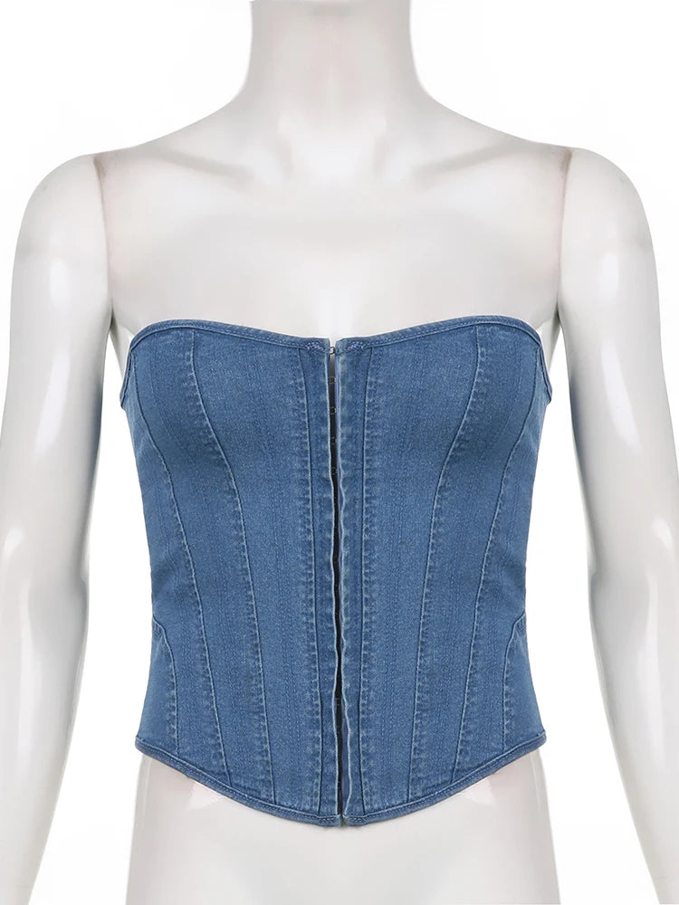Voguable  Strapless Denim Corset Women Backless Lace-up Sexy Bustier Night Clubwear Elegant Basic Tube Top Y2K Jean Cami Ladies voguable